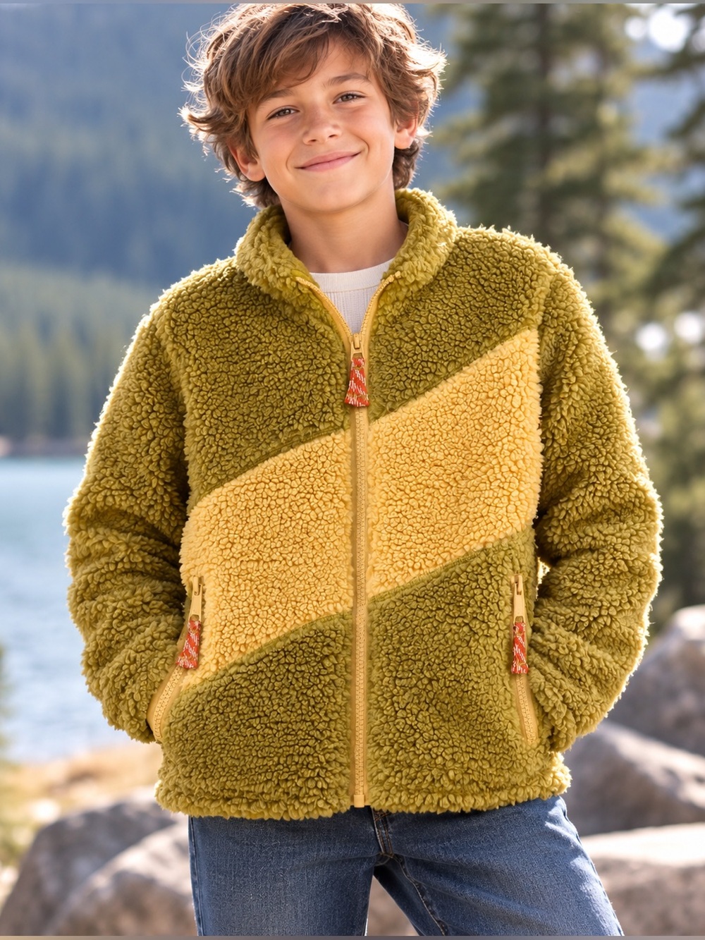 Hanna Andersson Faux Shearling Tapenade Colorblock Zip Jacket Boys Cozy Sherpa